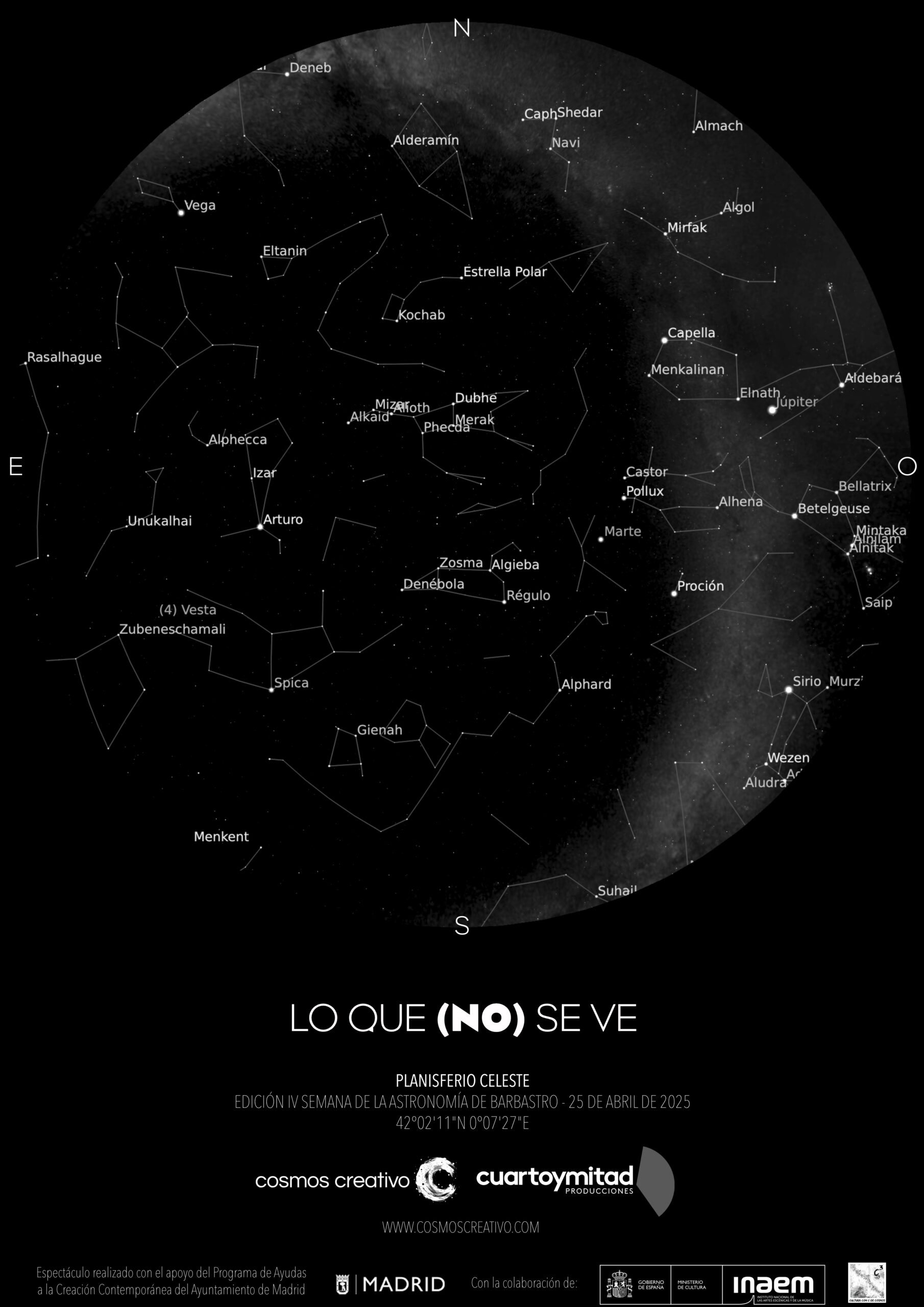 Cartel del espectáculo "Lo que (no) se ve" de Cosmos Creativo. Incluye planisferio con el firmamento a la hora de finalización del espectáculo el 25 de abril de 2025 en Barbastro.