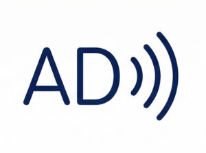 Símbolo con las letras AD y ondas sonoras