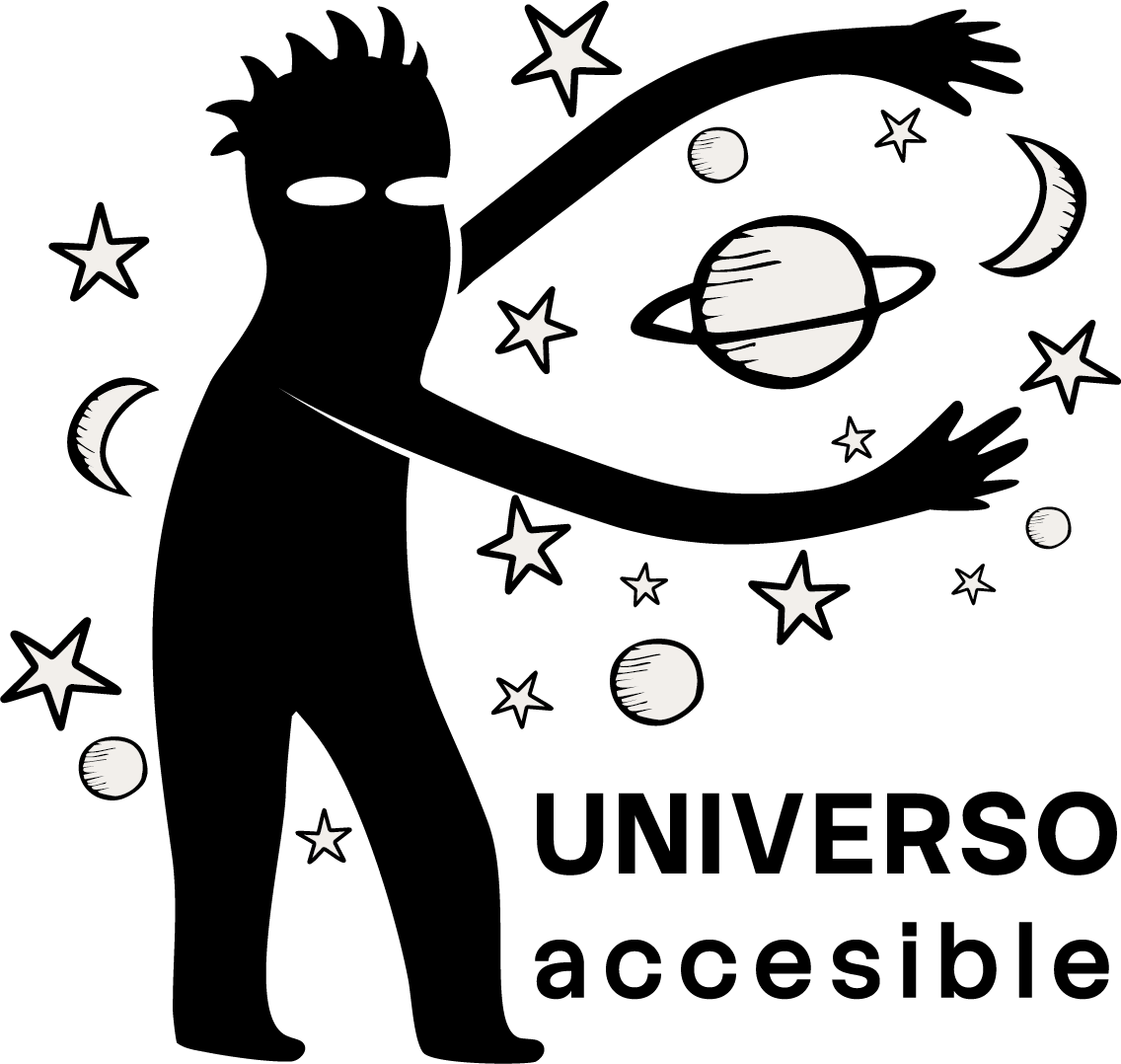 Logotipo del espectáculo Universo Accesible, en el que una persona abraza estrellas y planetas.