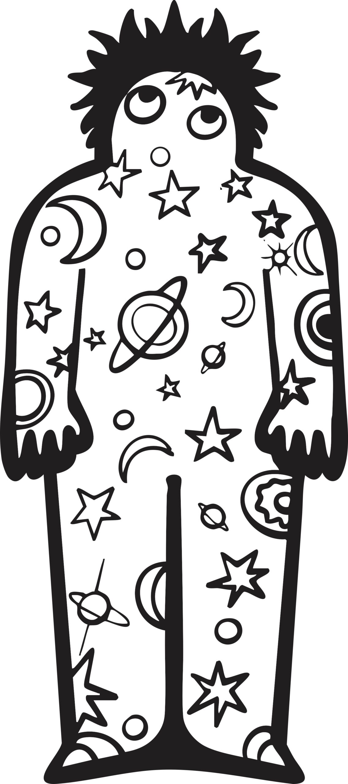 Personaje con el cuerpo lleno de estrellas y planetas